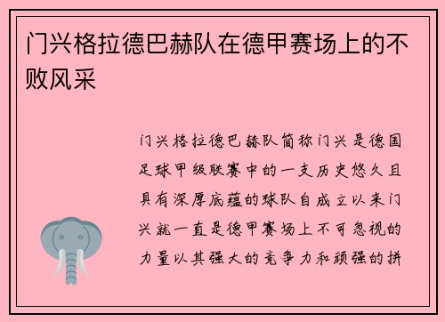 门兴格拉德巴赫队在德甲赛场上的不败风采